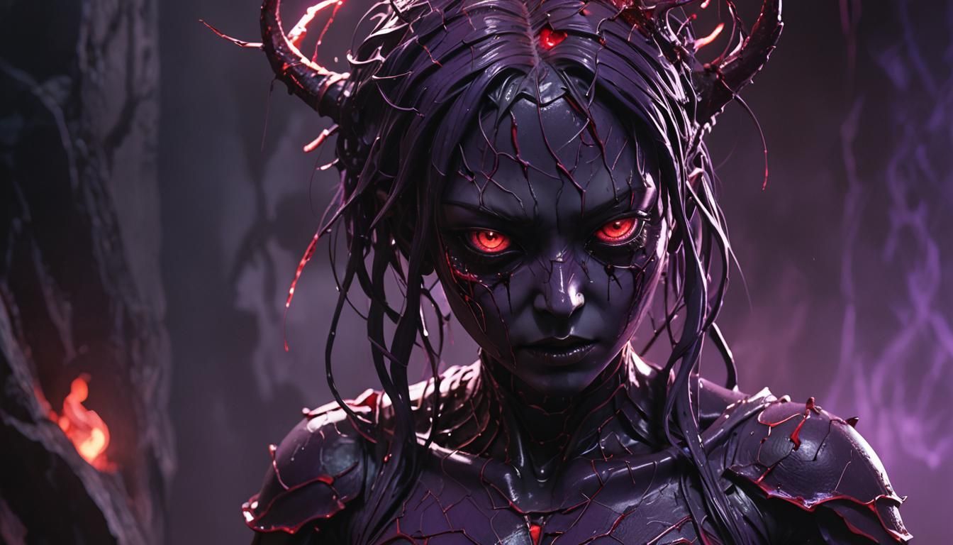 Demonic Girl Statue with Neon Aura, in Anime Style