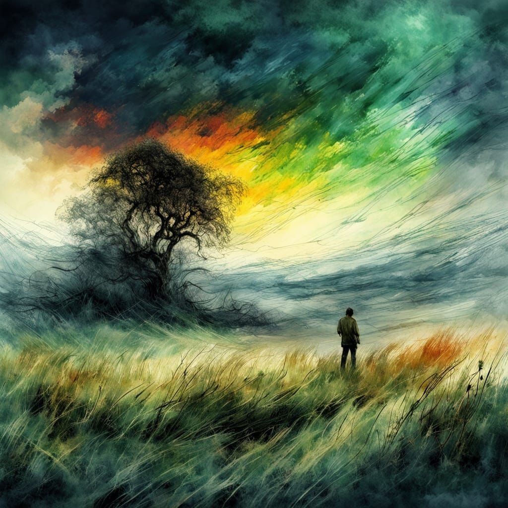 Storm Over Meadow in Watercolor Style