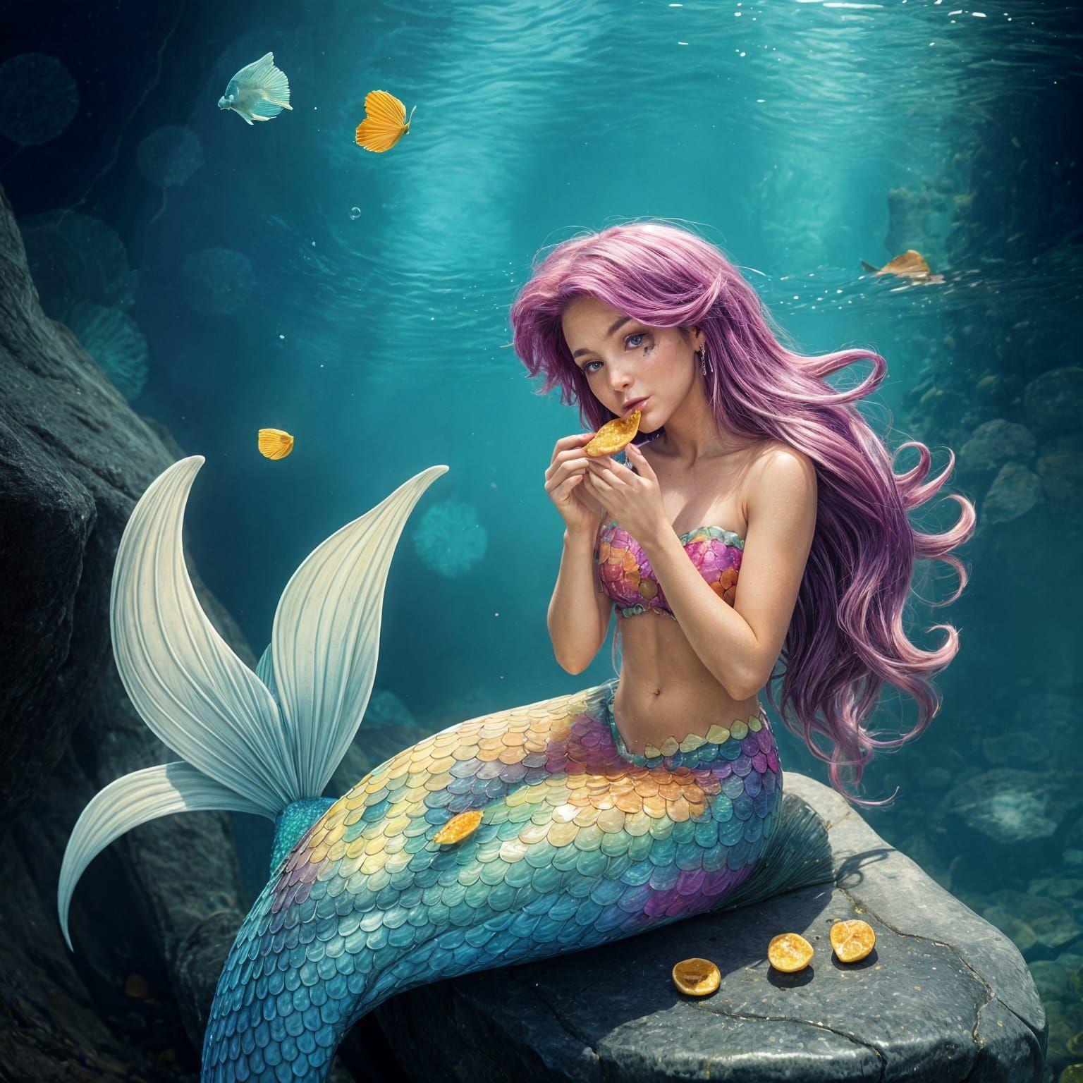 Colorful Mermaid Eating Chips on a Rock