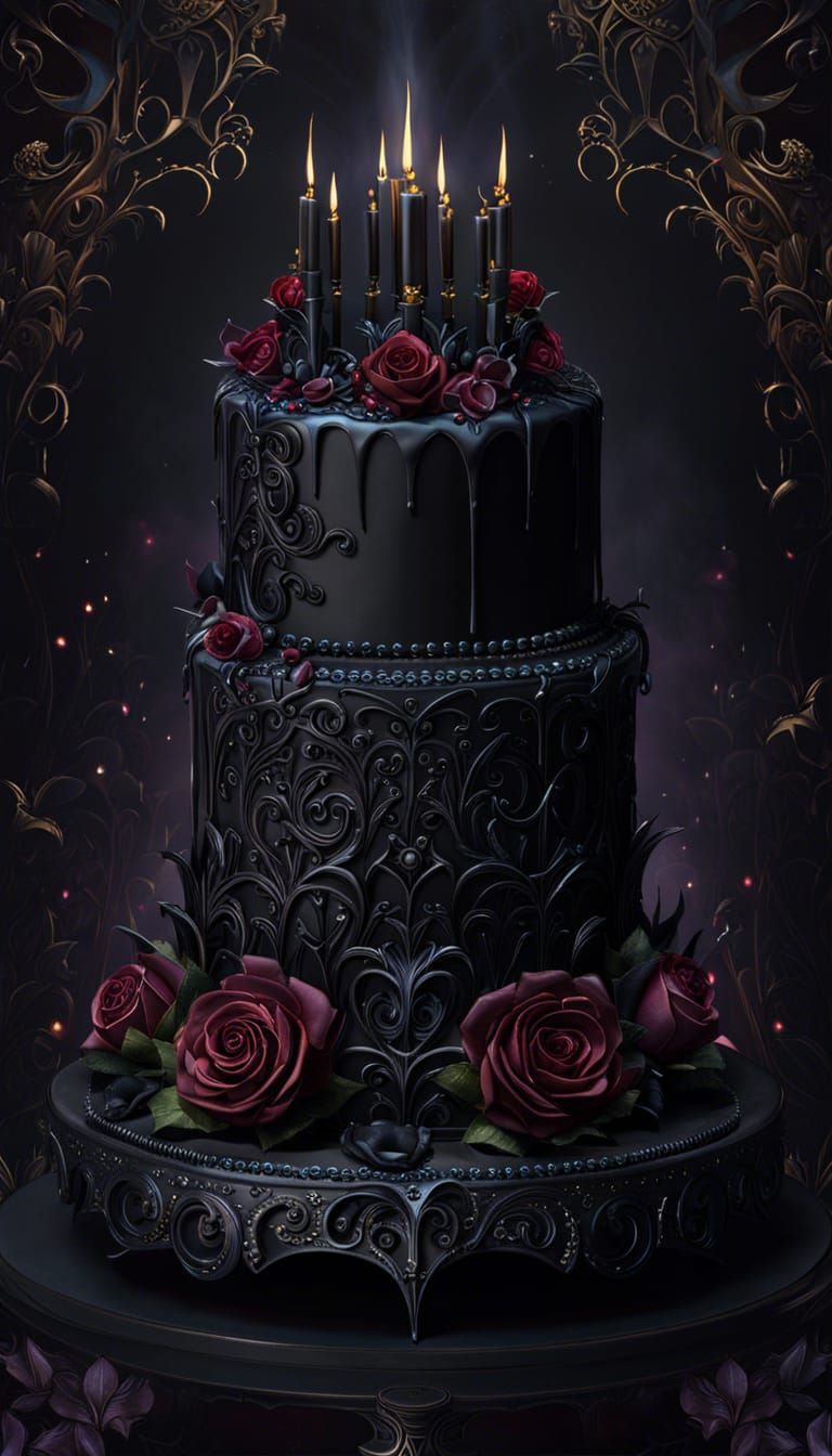 Gothic Cake with Black Roses in Fantasy Art Style