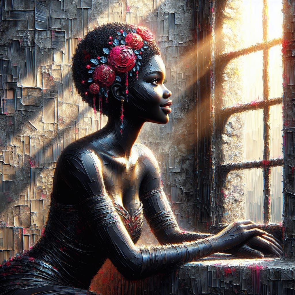 Ebony Woman with Braids and Flowers, Matte Painting
