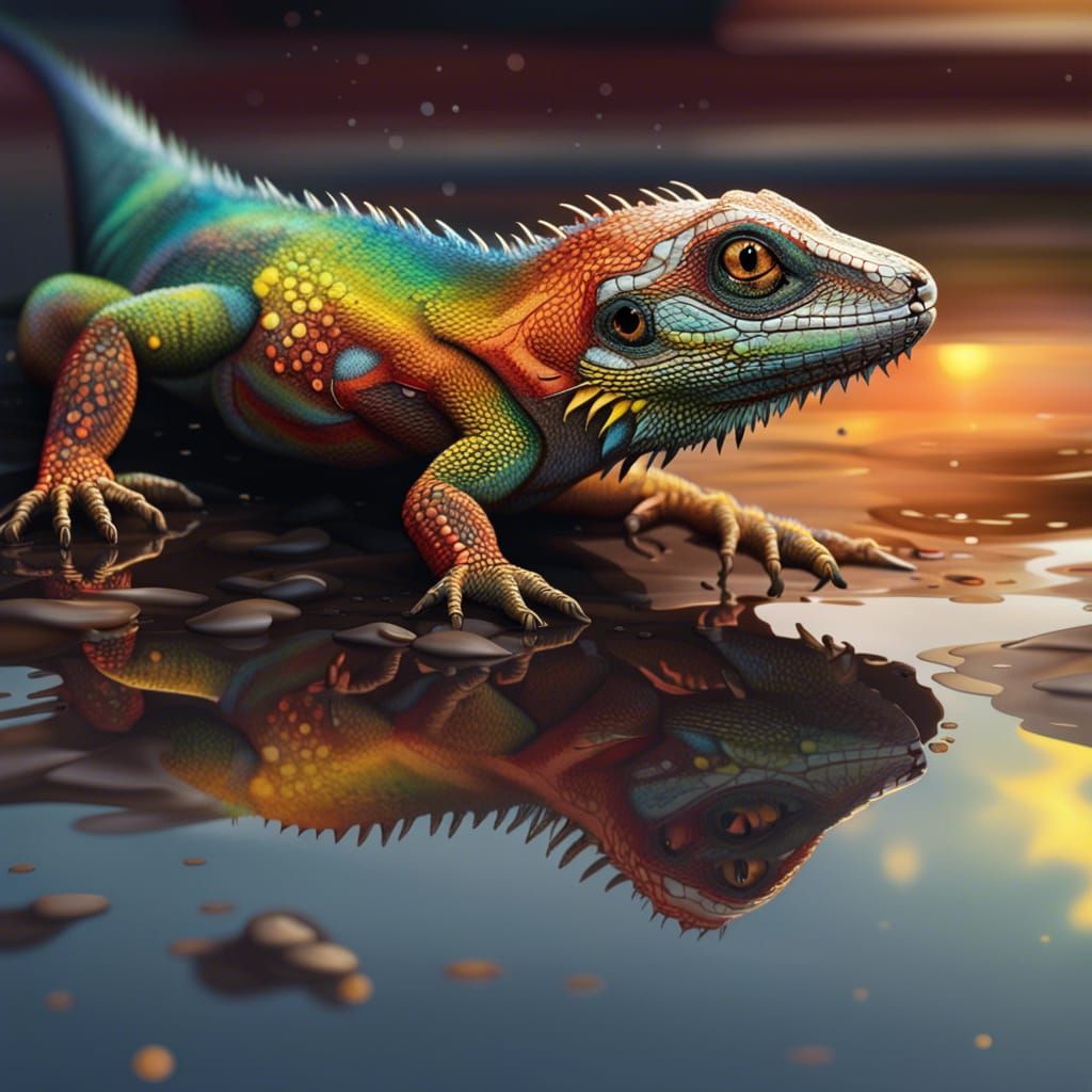 Lizard Reflection in Puddle: Hyperrealistic Concept Art