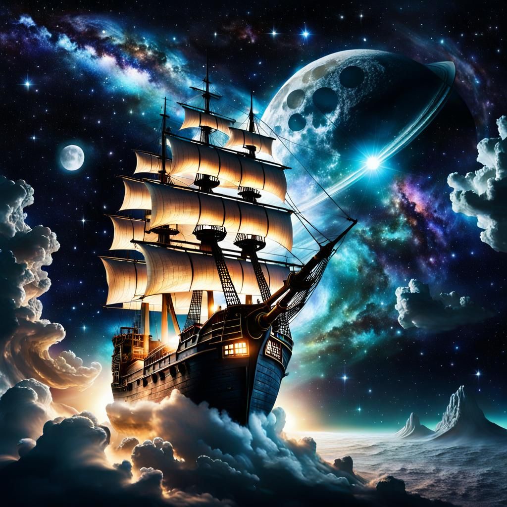 Pirate Ship Soaring Through a Glowing Galaxy