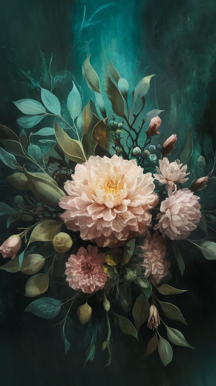 Ethereal Floral Abstraction in Soothing Teal Hues