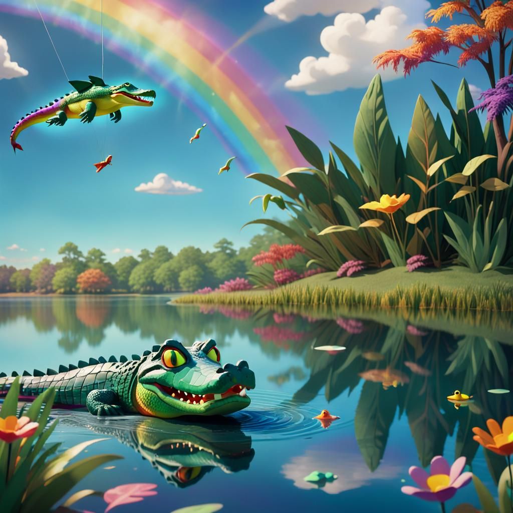 Vibrant Claymation Alligator Watches Duck Swim in Dreamlike....