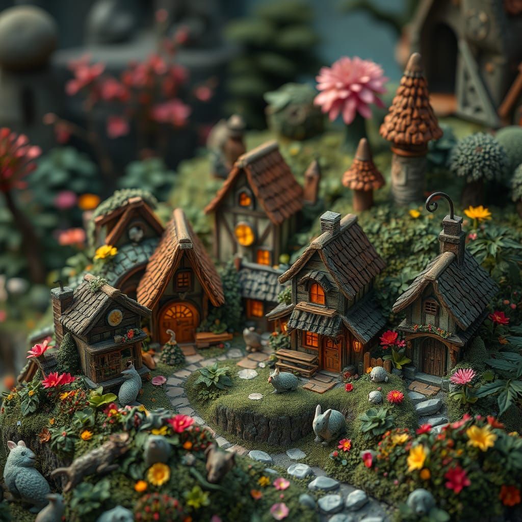 Whimsical Mini Village: Matte Painting in 8k