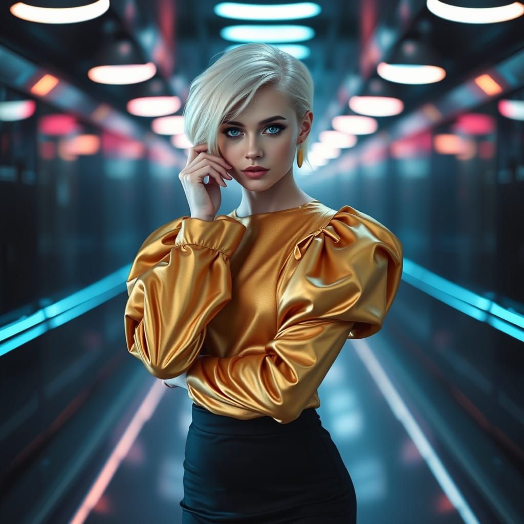 Ethereal Woman in Metallic Gold and Neon Hues