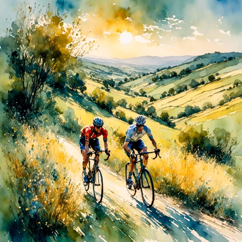 Cyclist Races Through French Countryside in Watercolor