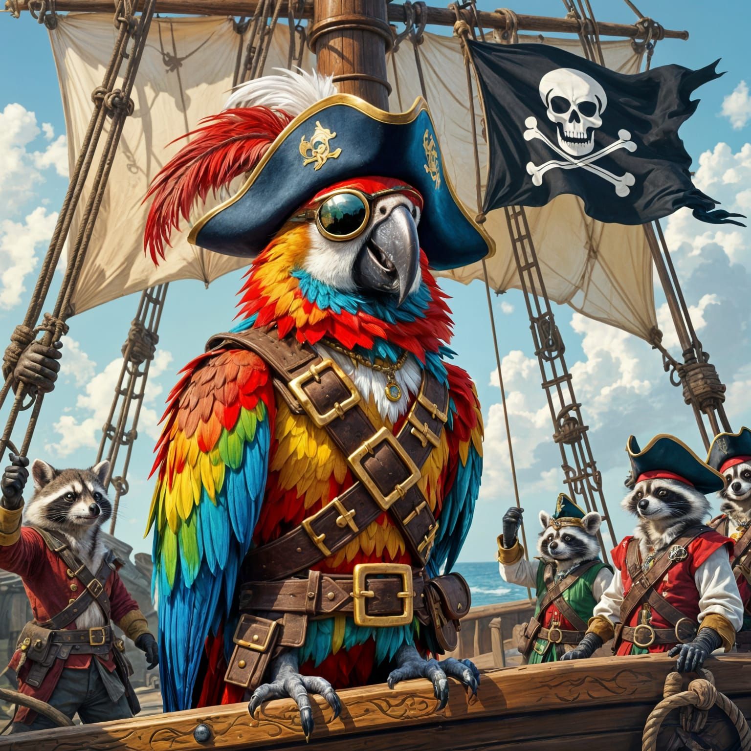 Parrot Captain Leads Raccoon Crew on Skeletal Ship