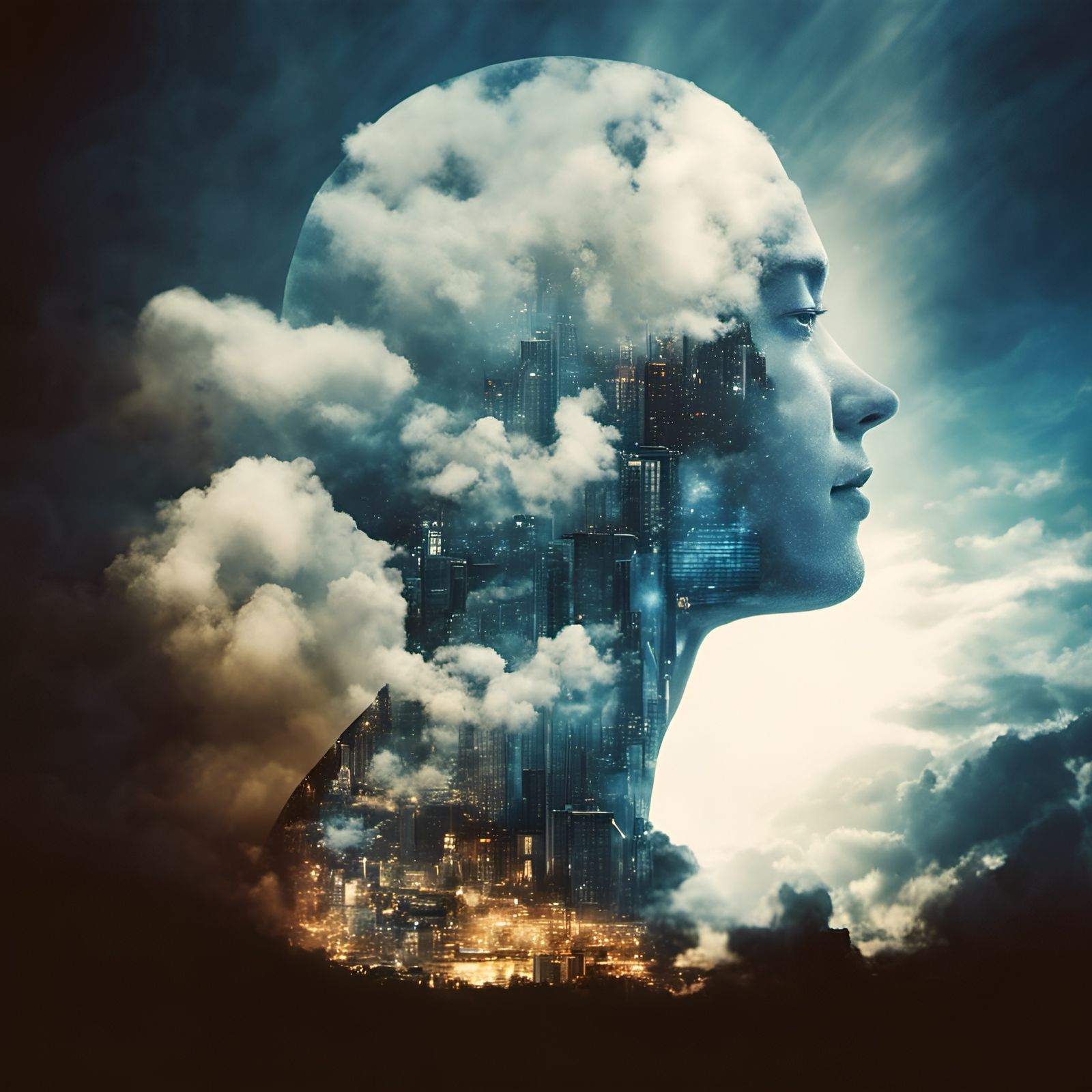 Clouds Circuitry: Hyperrealistic Double Exposure Portrait