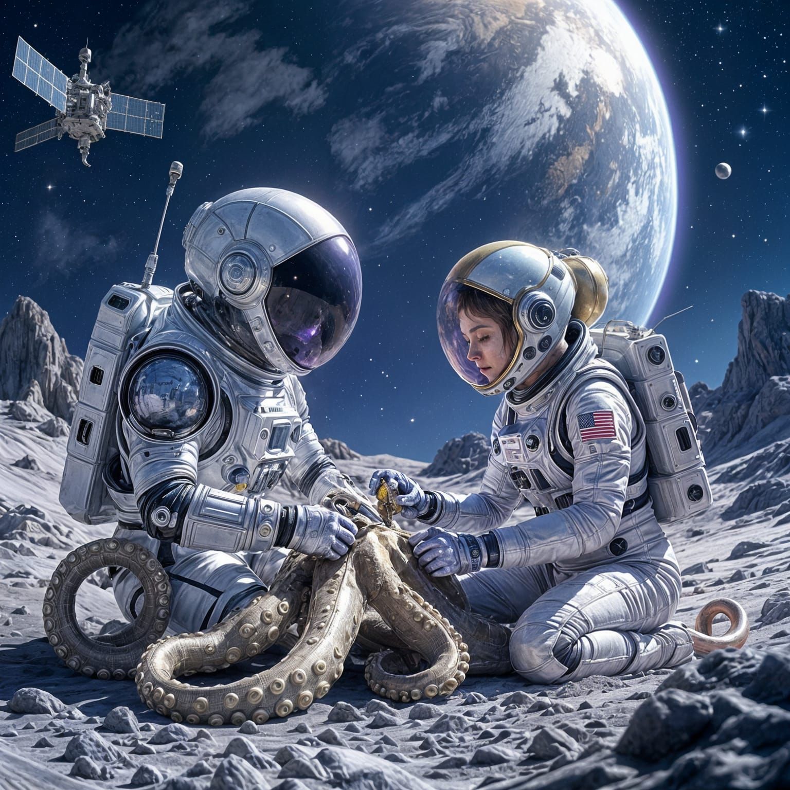 Alien and Astronaut Repairing Satellite