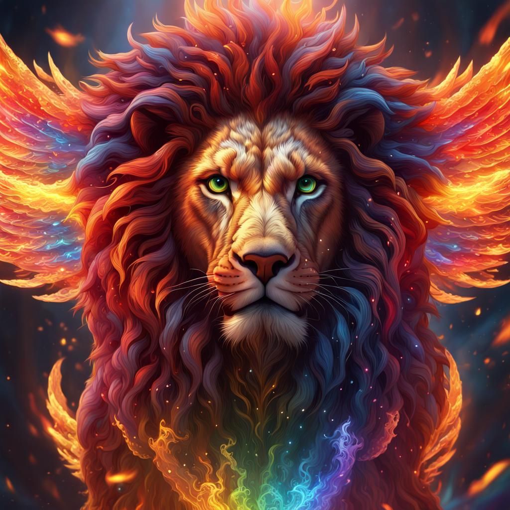 Fiery Rainbow Lion with Crystal Details