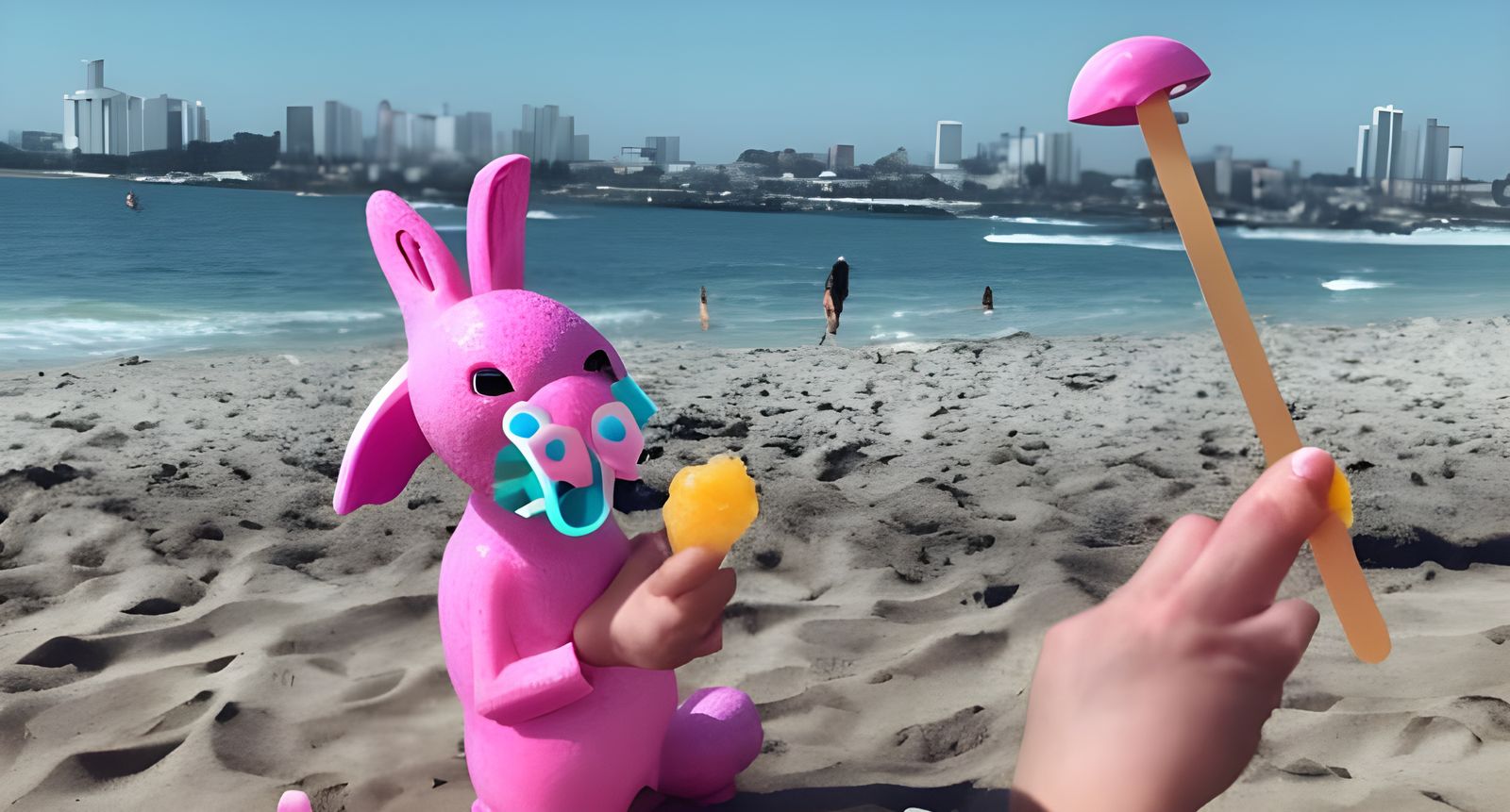cyborg pink bunny wearing a polka dot bikini and eating a popsicle at the beach on a sunny day