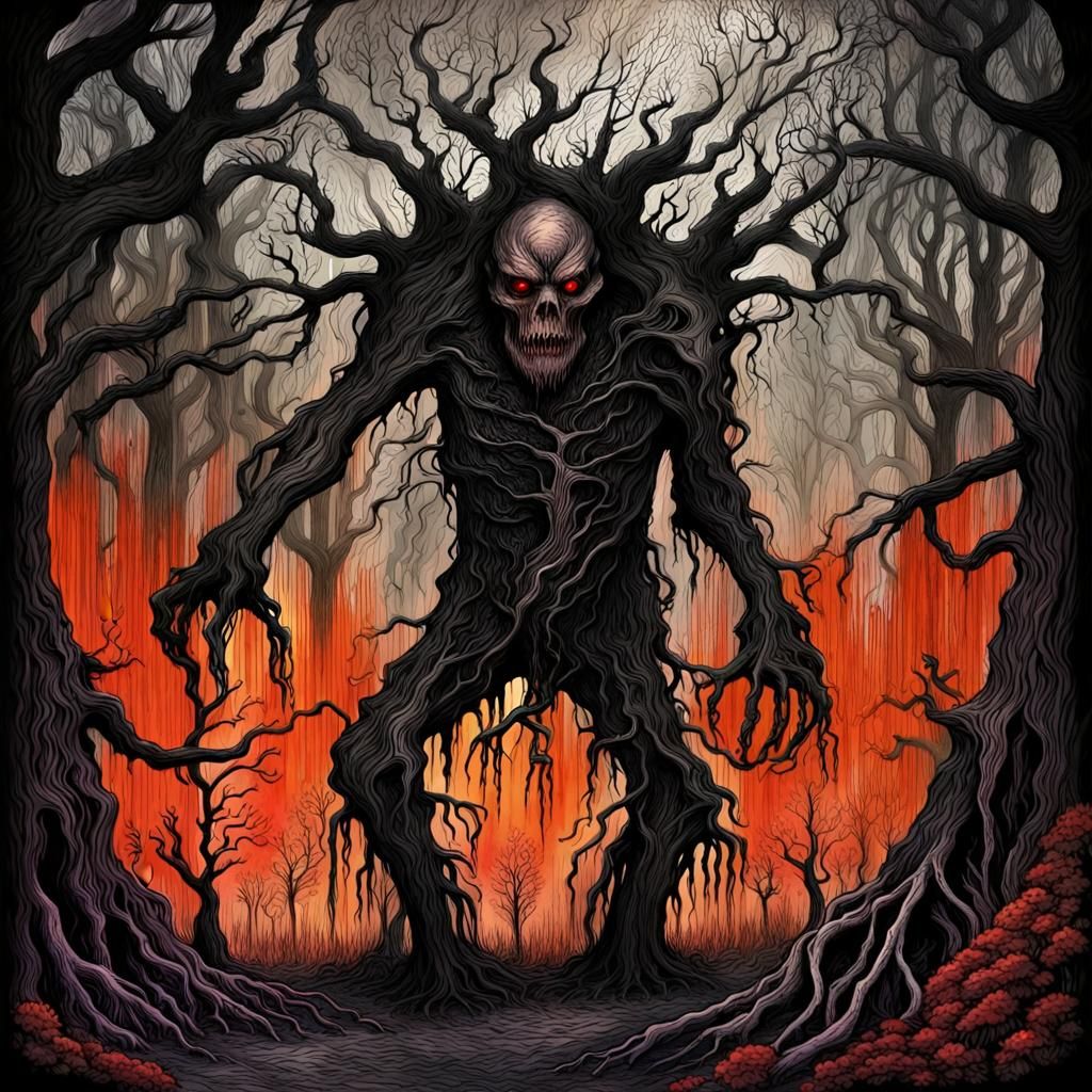 Eerie Monster in Black Ink Landscape