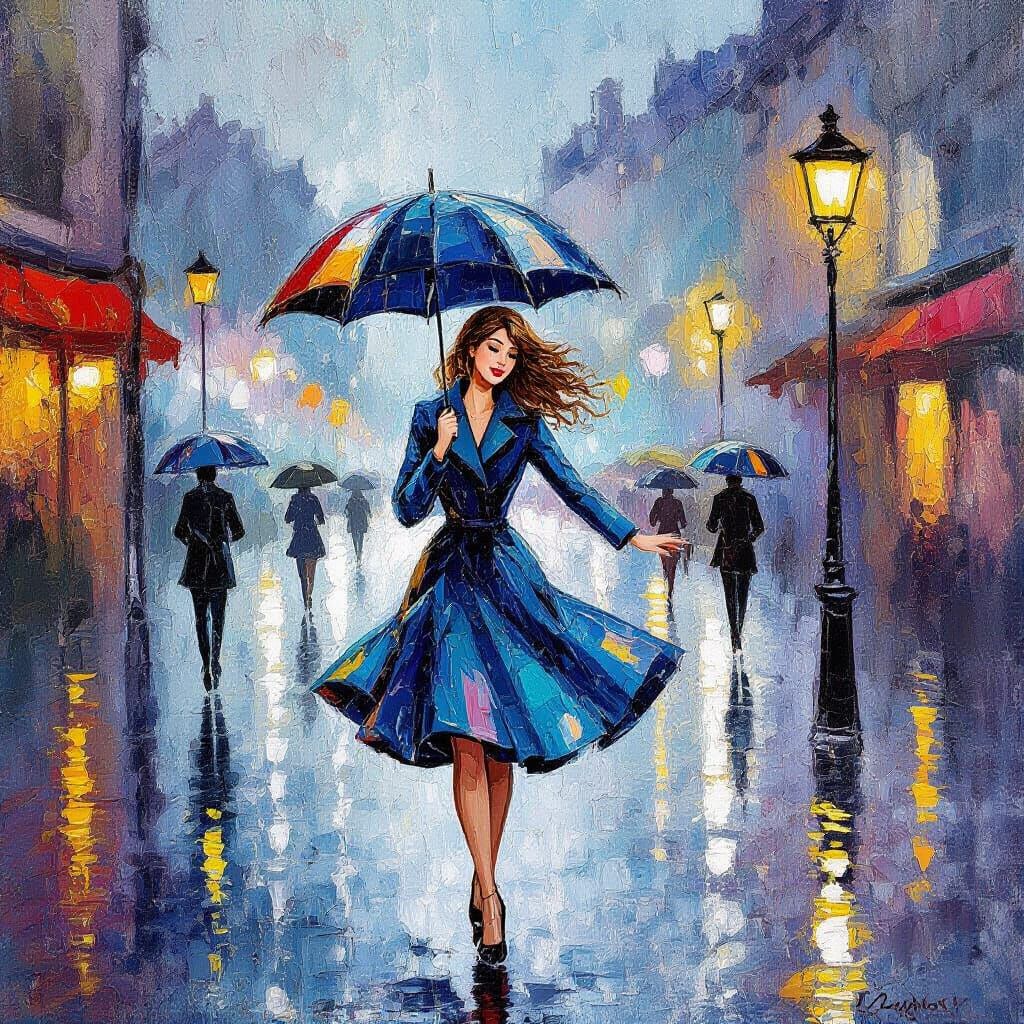 Impressionist Painting of Woman Dancing in Rain
