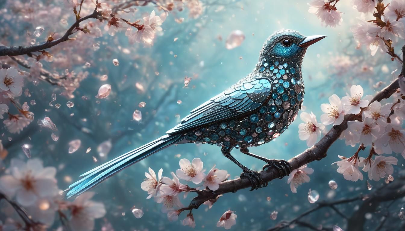 Diamond Crystal Bird on Cherry Blossoms