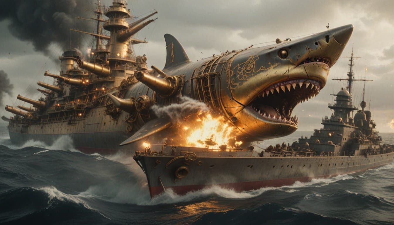 Steampunk Shark Battleship Rams Enemy in Dramatic Seas