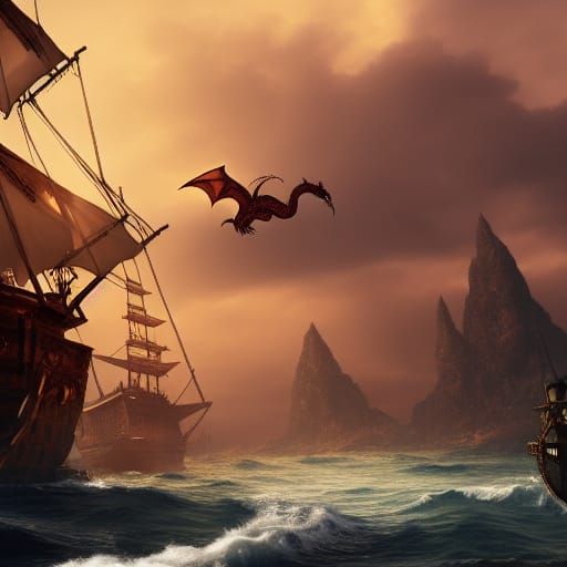 Pirate Ship Attacked By Dragon: Fantasy Concept Art