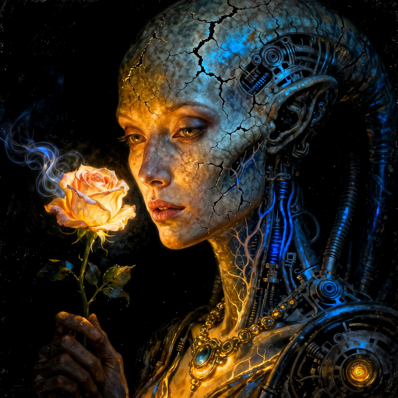 Ancient Alien Woman Portrait with Rose in Light and Shadow