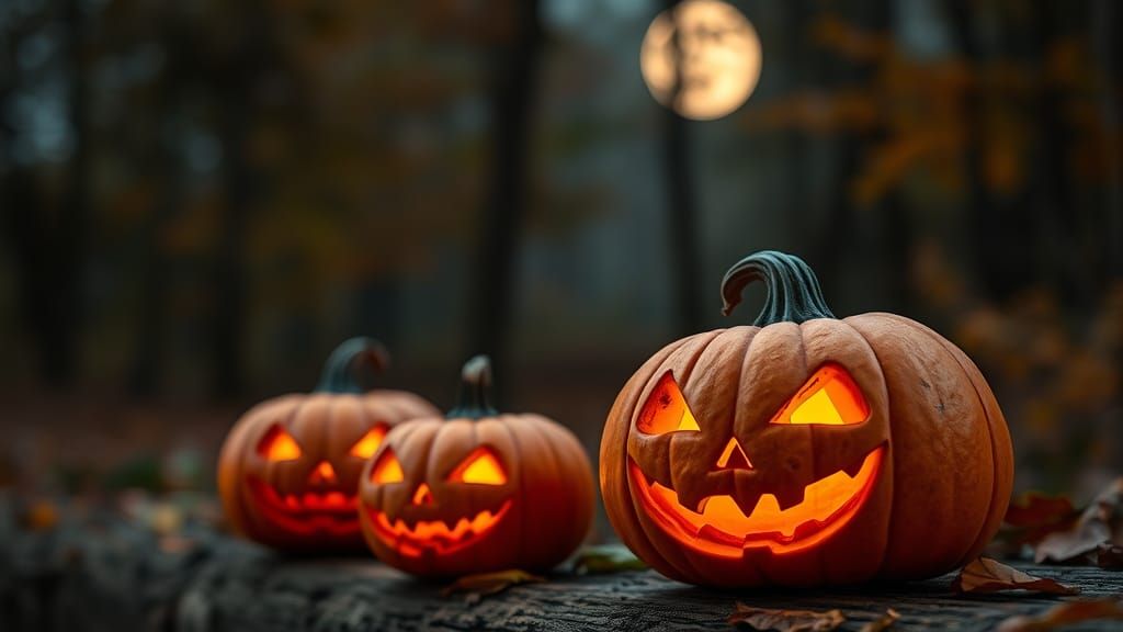 Halloween Pumpkins in Spooky Night Forest, Bokeh