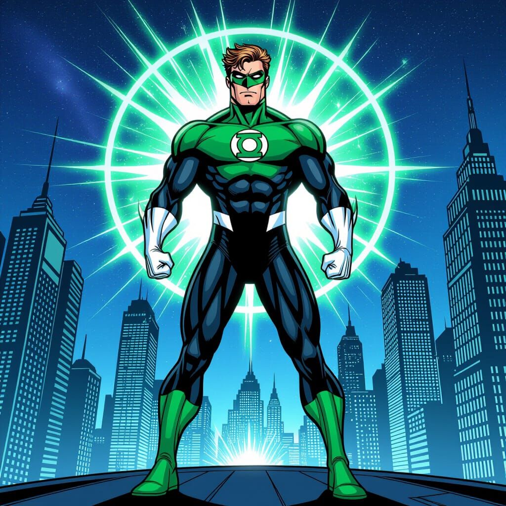 Green Lantern as Fantastic Four Hero in Cyberpunk City