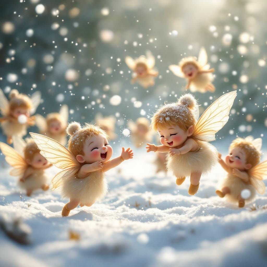 Pixies Snowball Fight in Dreamlike Winter Scene