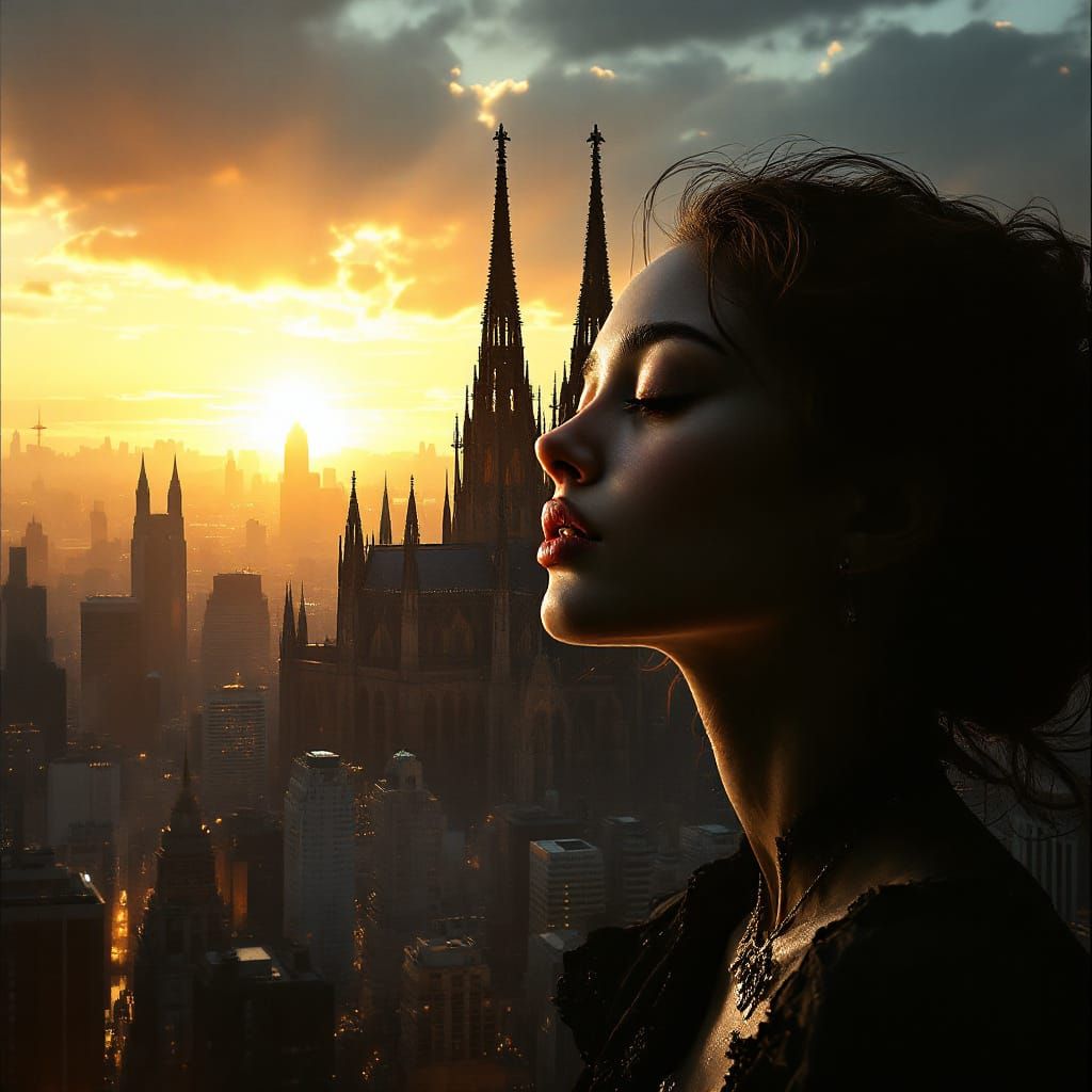 An enchanting young woman’s face dissolving into skyscrapers glowing with golden sunset light gothic cathedral spires gl...