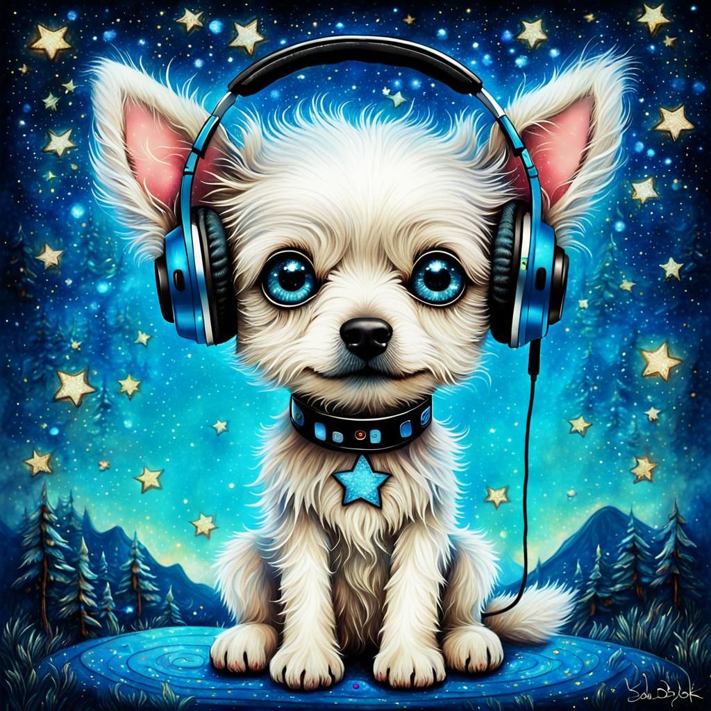 Cute Dog Listening to Music in Storybook Style