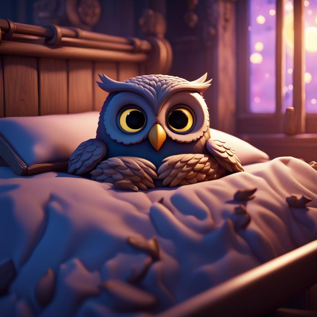 Cute Owl Asleep in Bed: Fantasy Concept Art