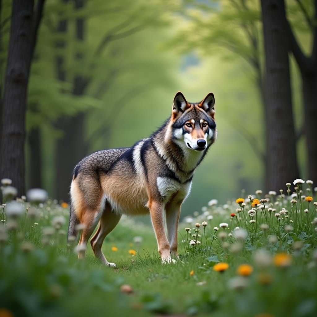 Wolf in Natural Habitat with Green Trees and Flowers