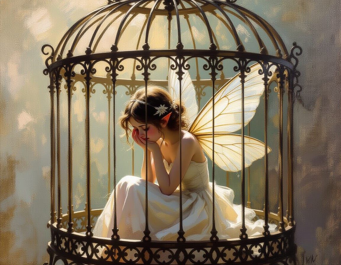 Forlorn Fairy in Antique Birdcage, Impressionist Painting