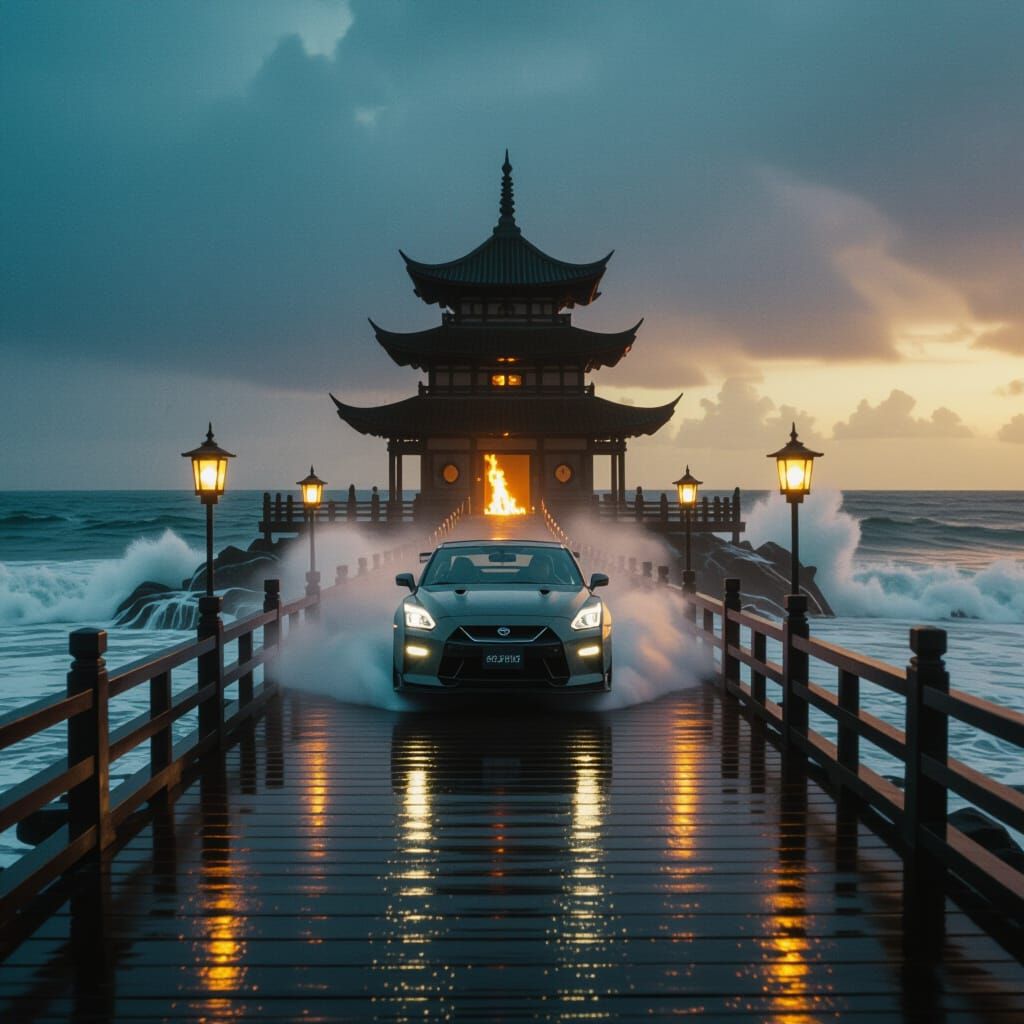 Cinematic Walk Across Ocean Bridge to Fiery Temple