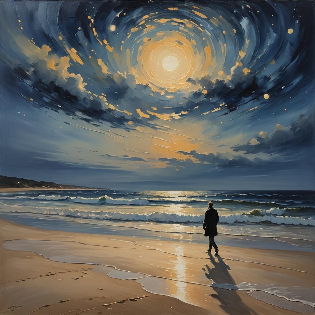 Moonlit Beach Impressionist Landscape in Impasto Style
