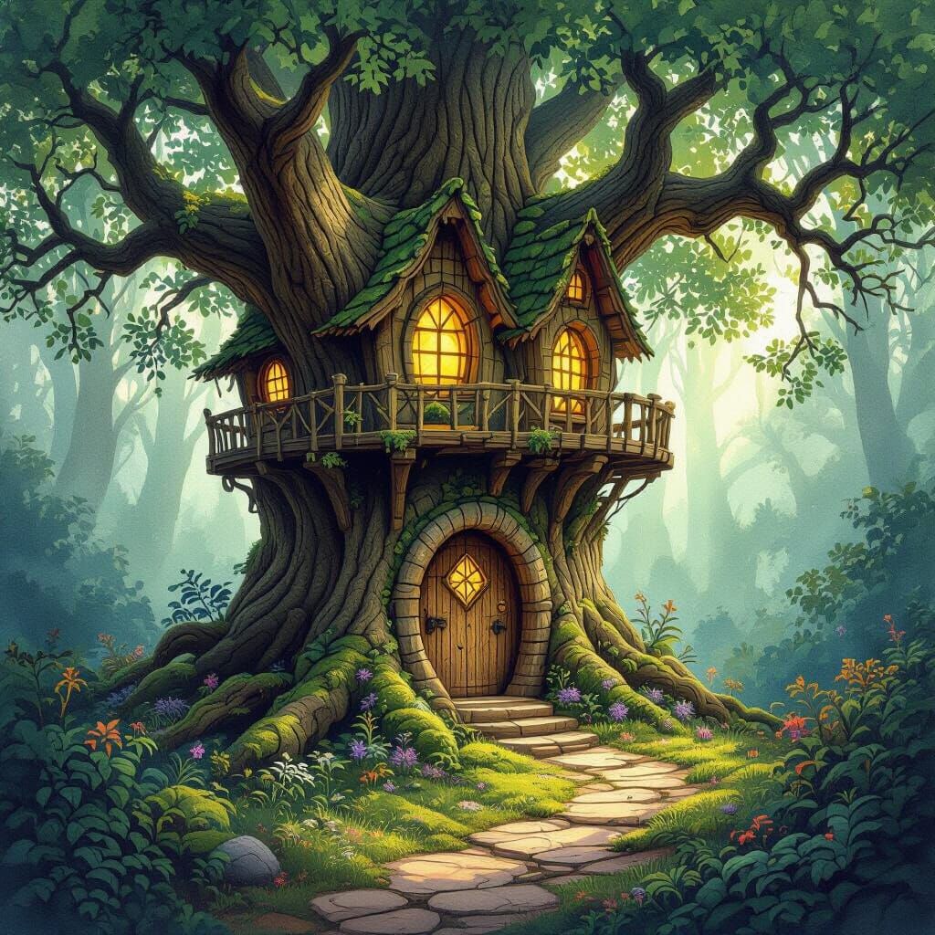 Enchanted Forest Treehouse with Glowing Runes in Watercolor ...