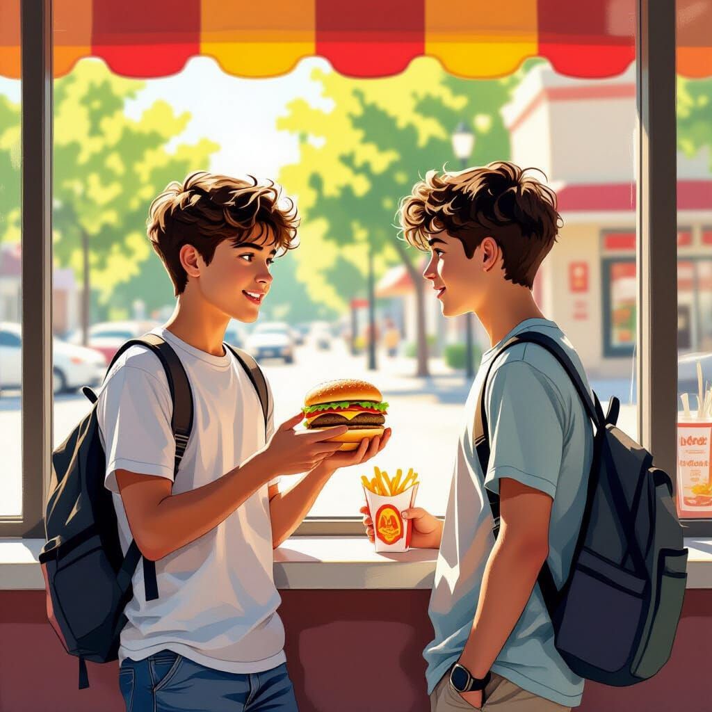 Teenagers Discussing Food, Playful Art Style