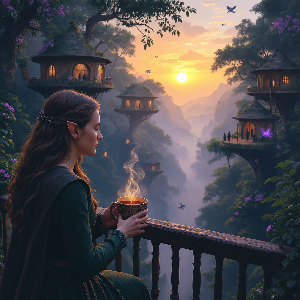 Rainforest Sunrise Balcony View in Dark Fantasy Style