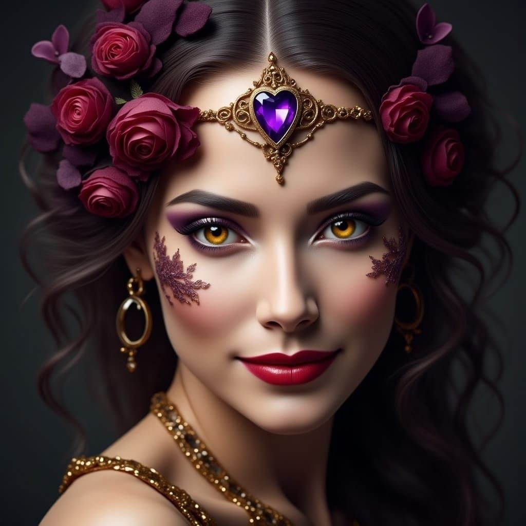 A Woman Smiles with Enthusiasm and Radiant Eyes, Adorned wit...