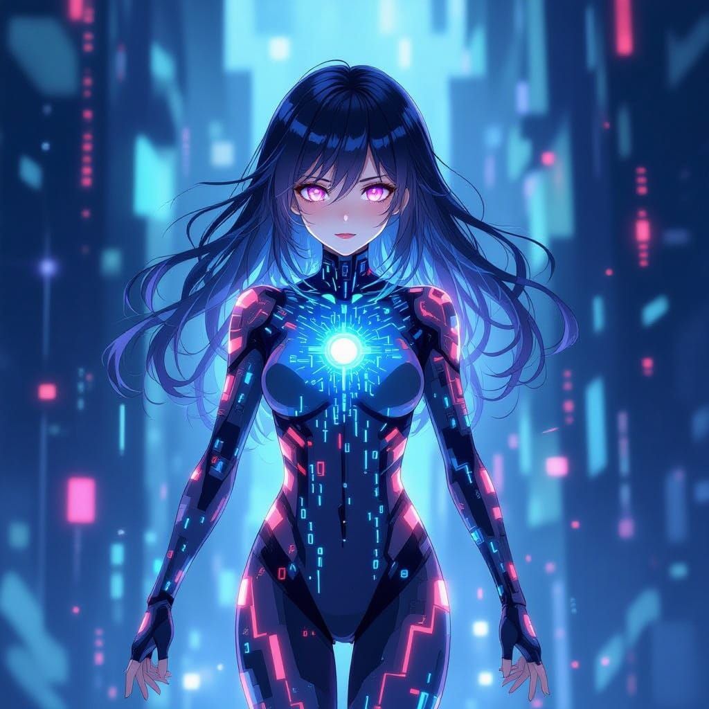 Anime Woman of Cascading Binary Code in Digital Realm