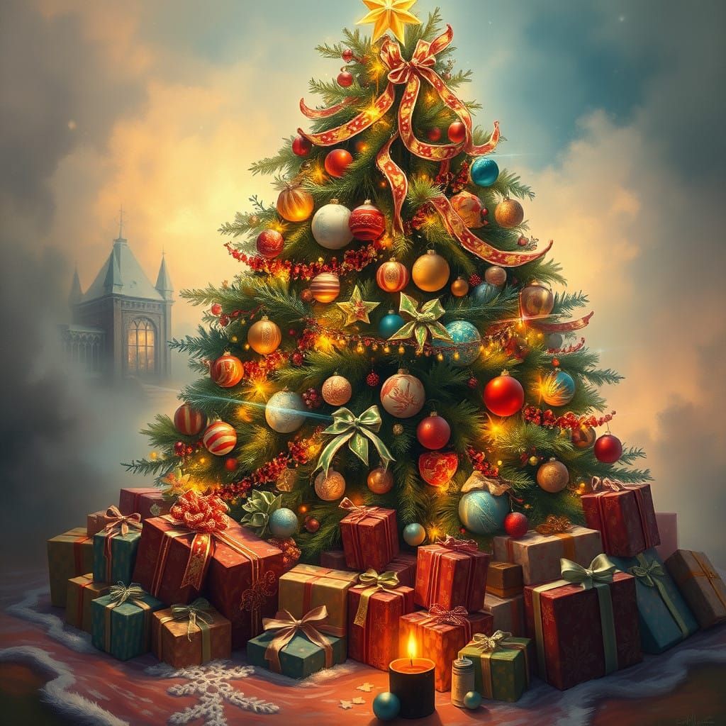Vibrant Christmas Tree with Lavish Gifts in Soft Ethereal Li...