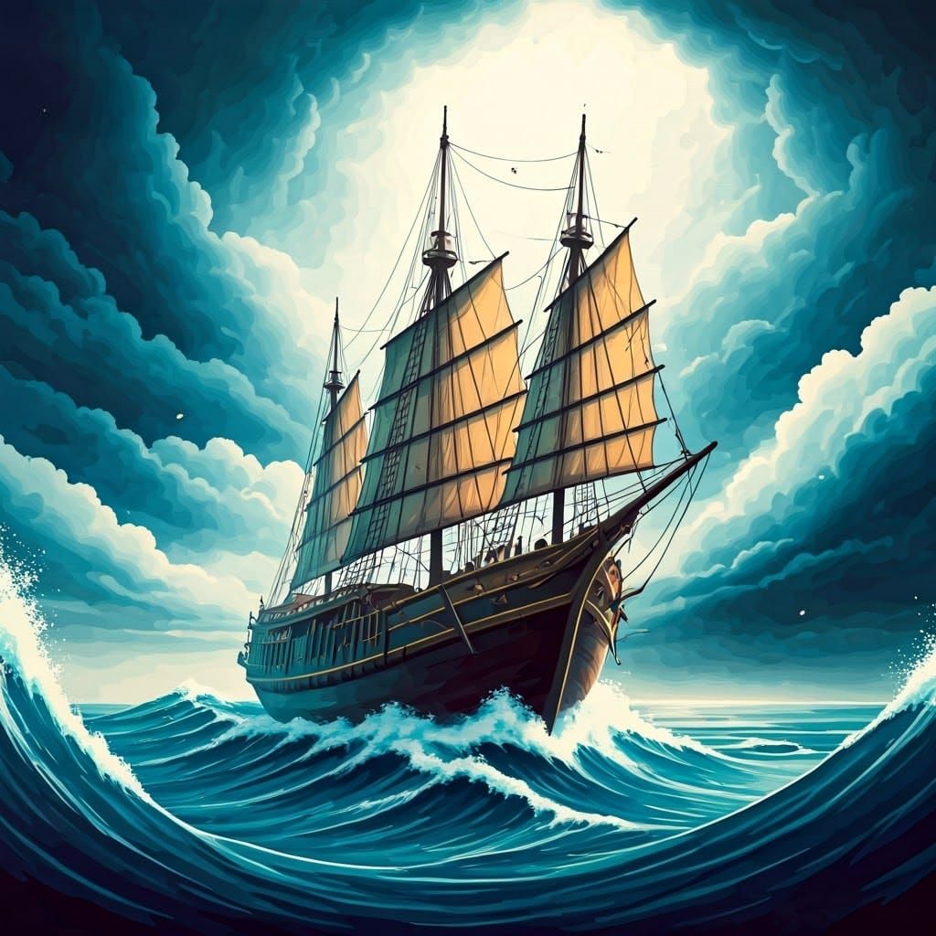 Junk Boat Navigating Stormy Seas in Ukiyo-e Style