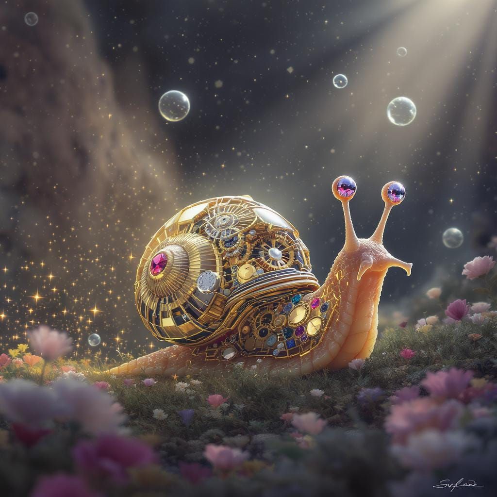 Clockwork Snail in Dreamlike Landscape