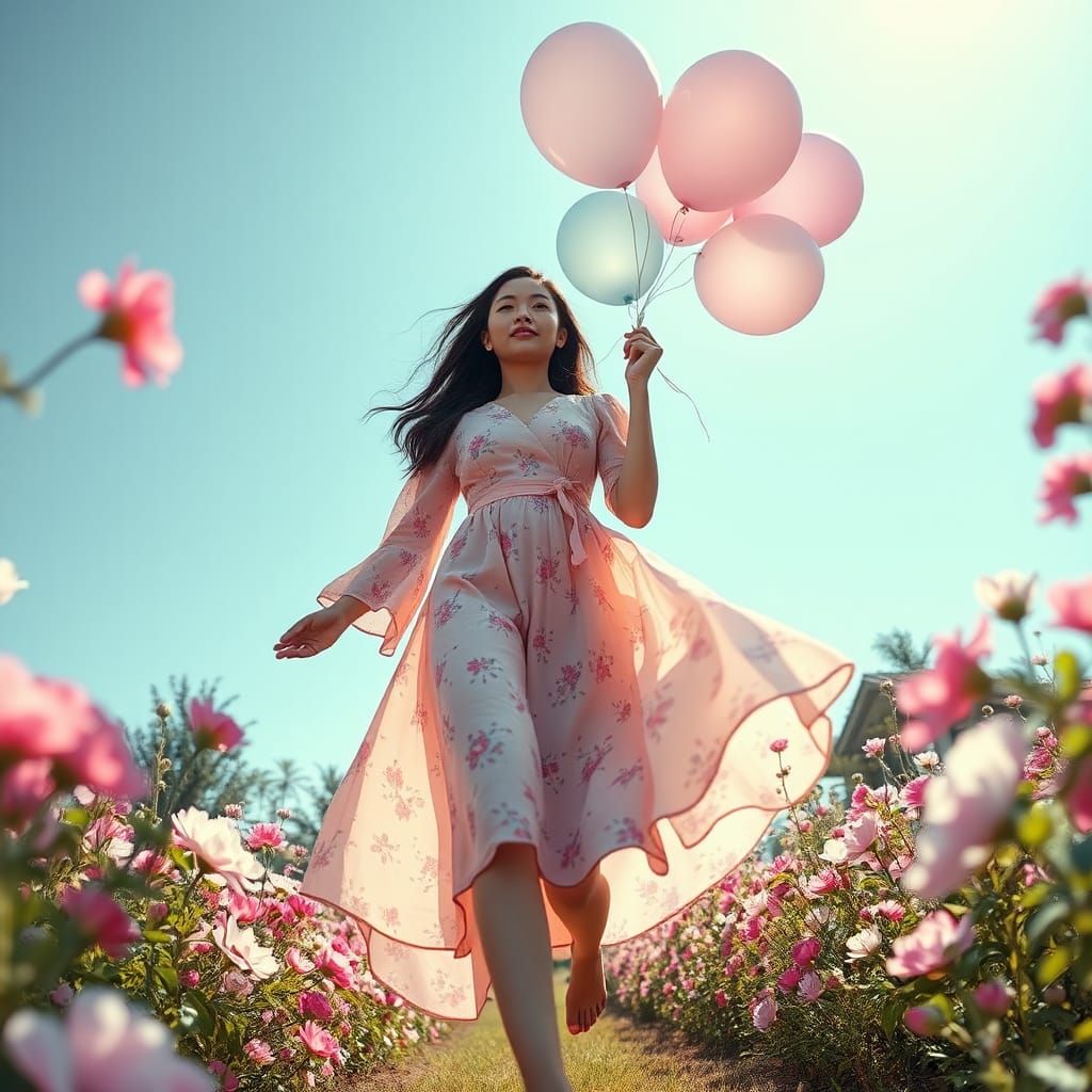 Thai Woman in Pastel Flower Garden with Balloons