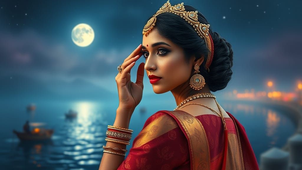 Dreamlike Indian Princess in Ethereal Night Sky