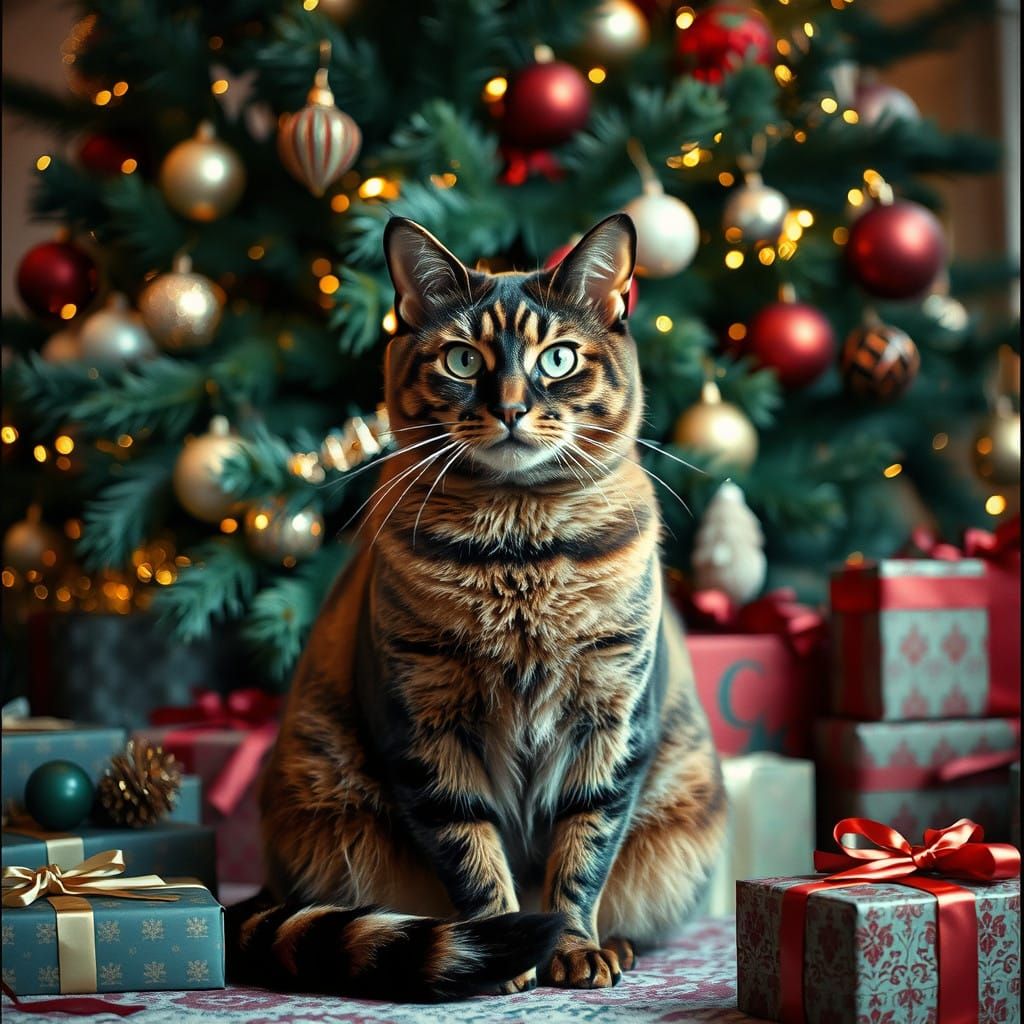 Regal Tortoiseshell Cat Enjoys Winter Wonderland Scene in Ci...