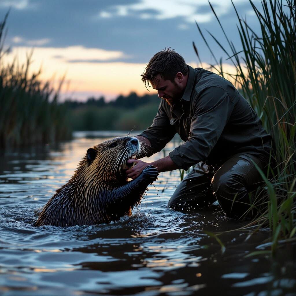 Intense Struggle: Human Restrains Biting Beaver at Dusk