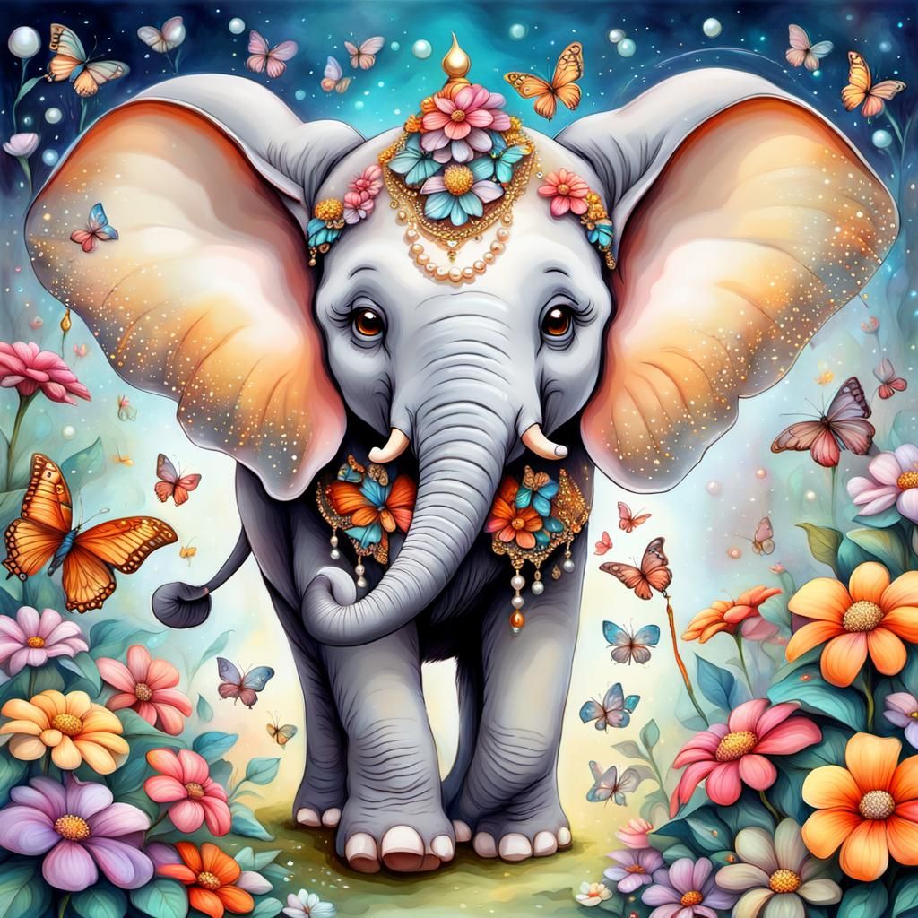 Elephant and Baby in Flower Garden, Mixed Media