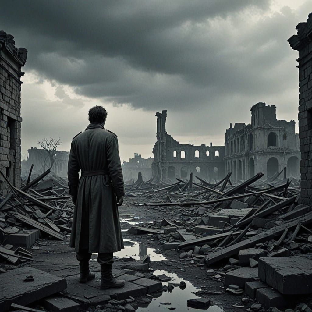 Lone Figure in Dystopian Ruins, Surreal Art