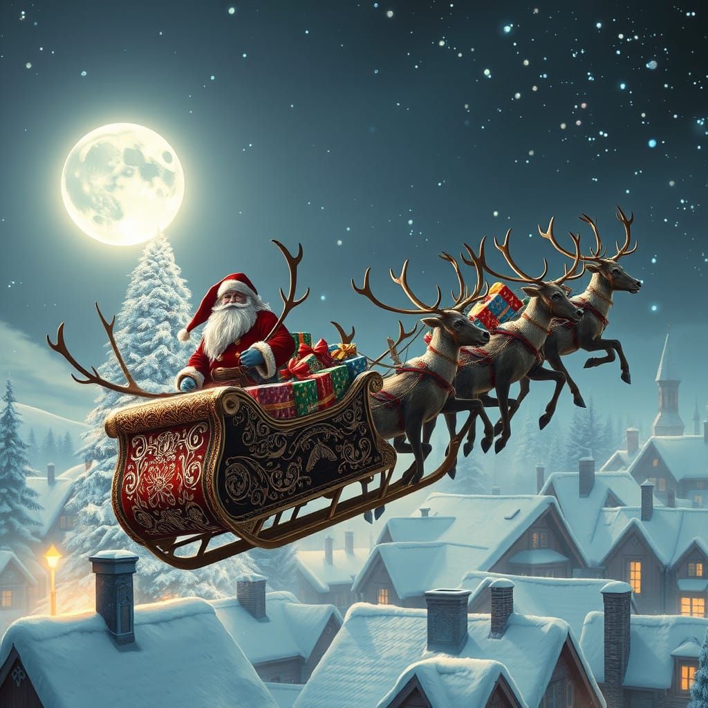 Santa's Magical Sleigh Ride in Matte Painting Style