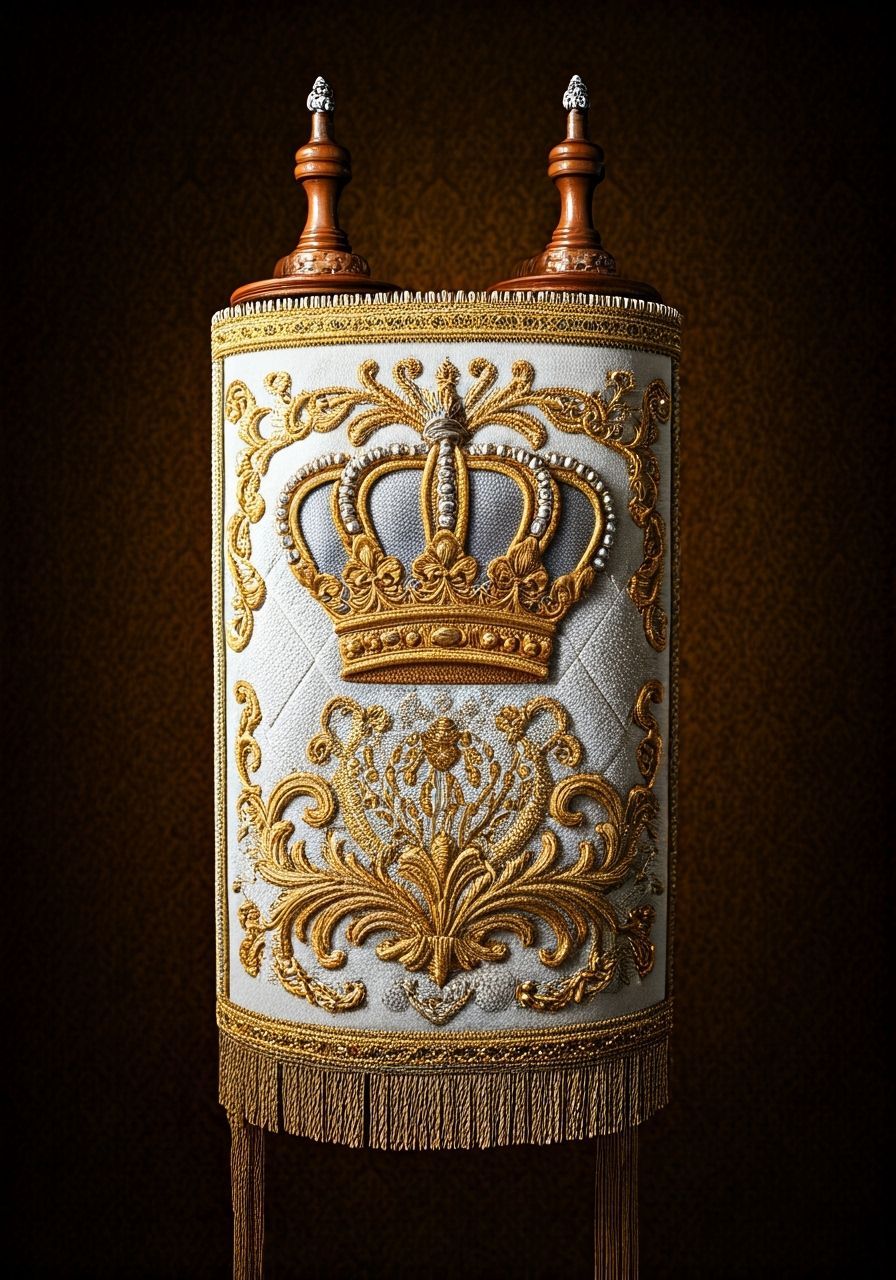 Ornate Torah Mantle with Golden Crown Design