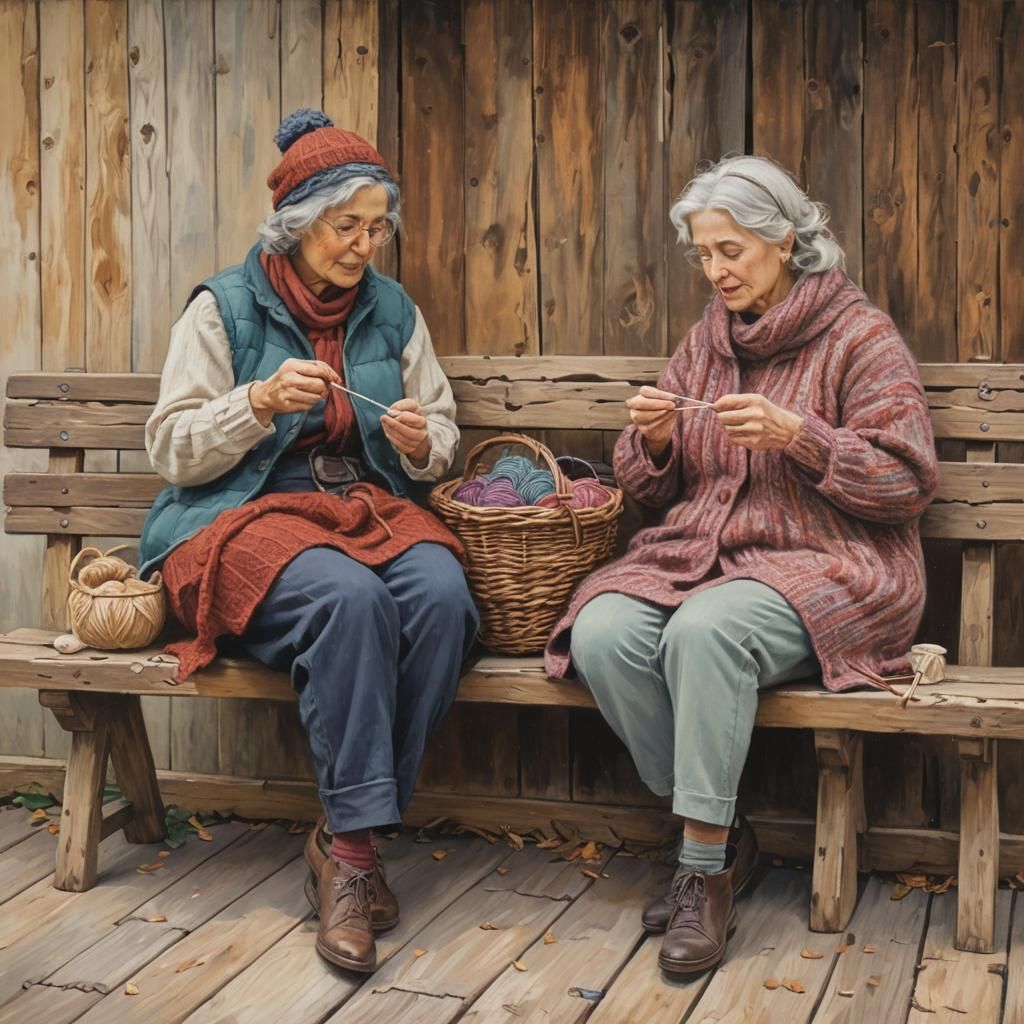 Women Knitting at Craft Fair in Solarpunk Style
